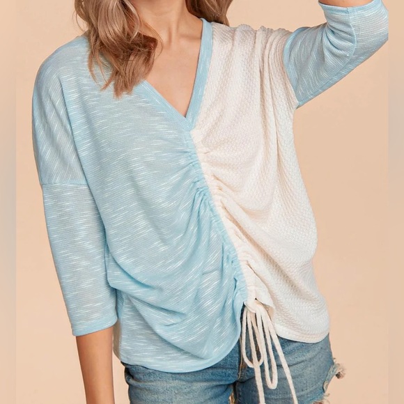 Ivory & Light Blue Color Block Drawstring Ruched V-Neck Top, S & L - Picture 3 of 6